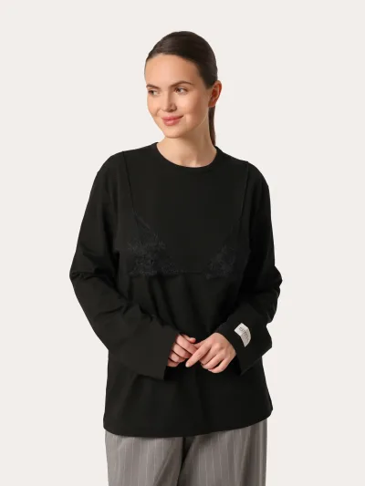 Čierny oversize top s dlhým rukávom a čipkou na hrudi