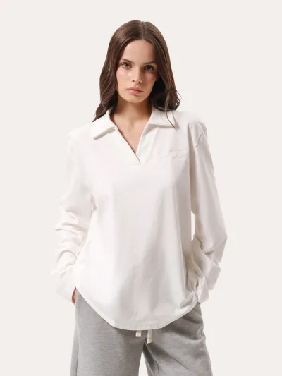 Oversize polo longsleeve s výšivkou – mliečna