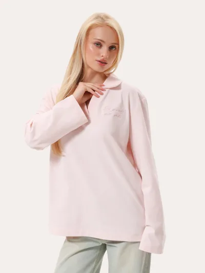 Oversize polo longsleeve s výšivkou – ružová