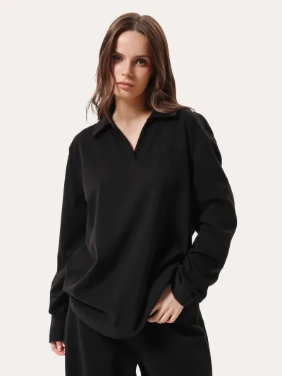 Oversize polo longsleeve s výšivkou – čierna