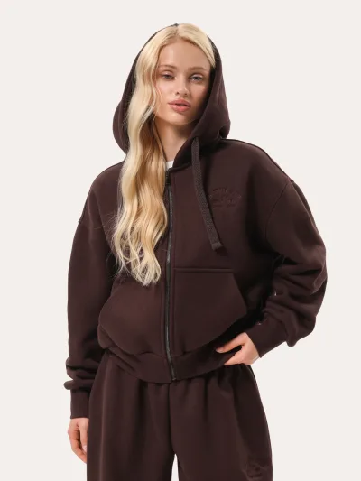 Základná dámska zip-up mikina s výšivkou – čokoládová